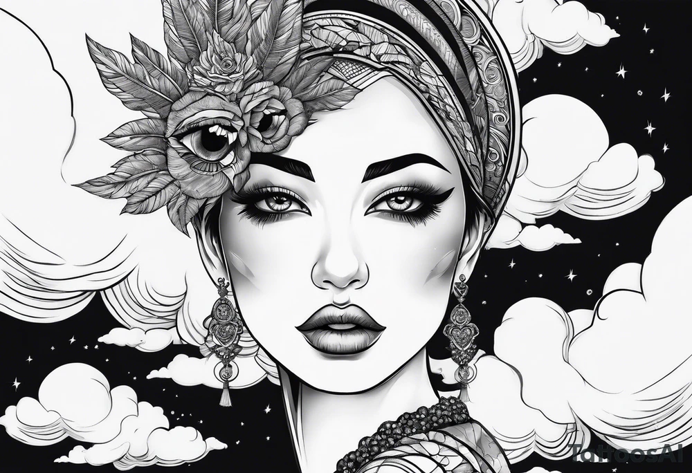 Face with eyes with background and clouds tattoo idea