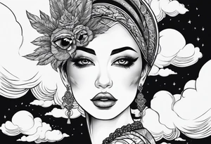 Face with eyes with background and clouds tattoo idea