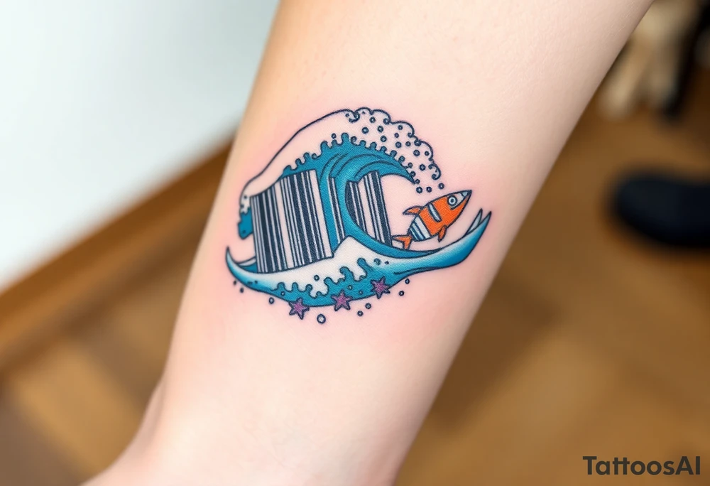 A barcode that seamlessly blends into high ocean waves with other sea life creatures tattoo idea