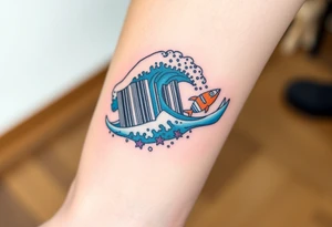 A barcode that seamlessly blends into high ocean waves with other sea life creatures tattoo idea