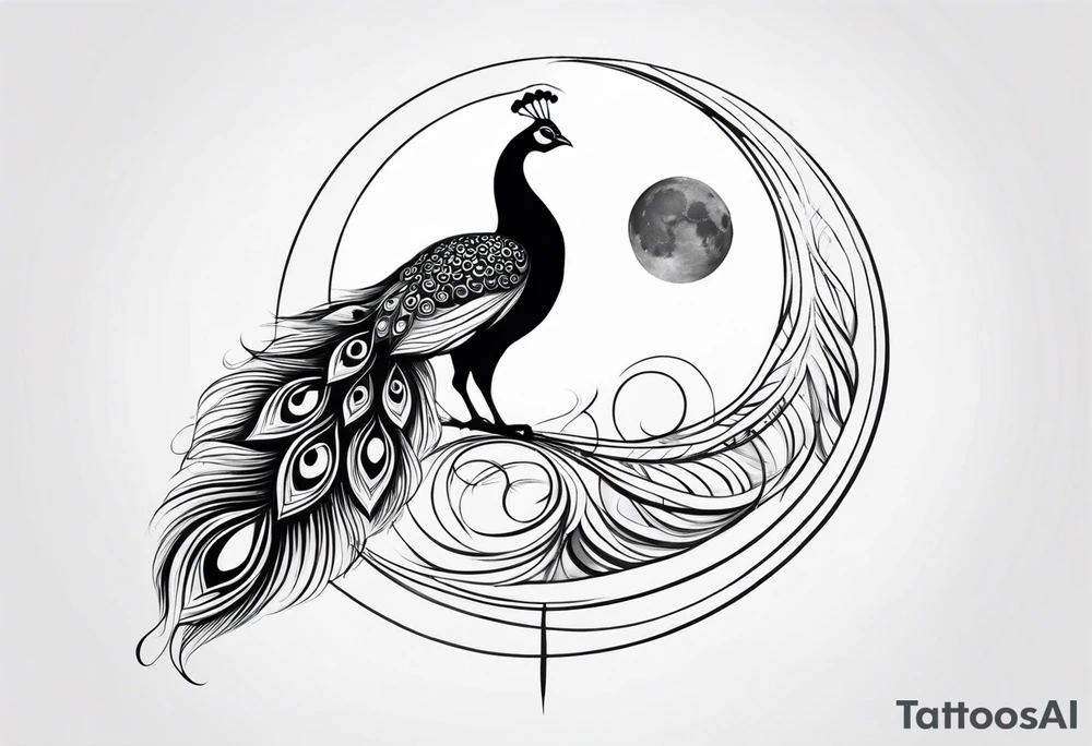 black and white peacock, moon above, infinity symbol in feather tattoo idea
