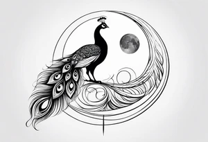 black and white peacock, moon above, infinity symbol in feather tattoo idea