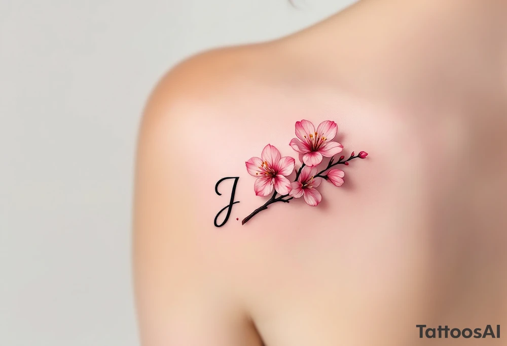 Classic script "J" in fine-line black ink, paired with a delicate pink cherry blossom. tattoo idea