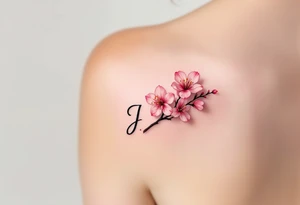Classic script "J" in fine-line black ink, paired with a delicate pink cherry blossom. tattoo idea