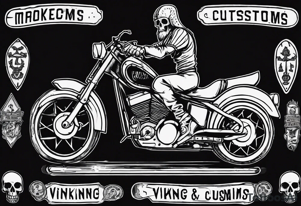 i want a tattoo of a motorcycle being ridden into the distance by a skeleton and the number plate to say “Viking Customs” tattoo idea