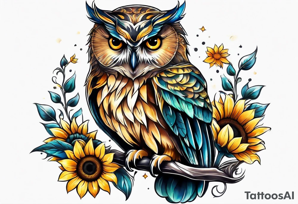 Owl with sunflowers leg sleeve tattoo idea