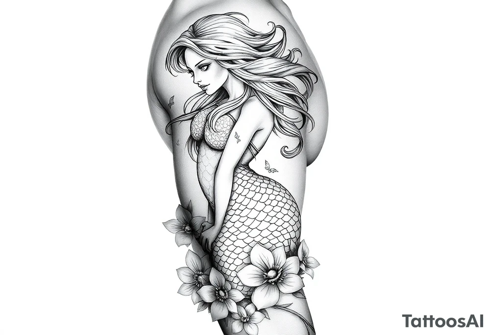 ethereal mermaid with flowing hair among coral and sea flowers tattoo idea