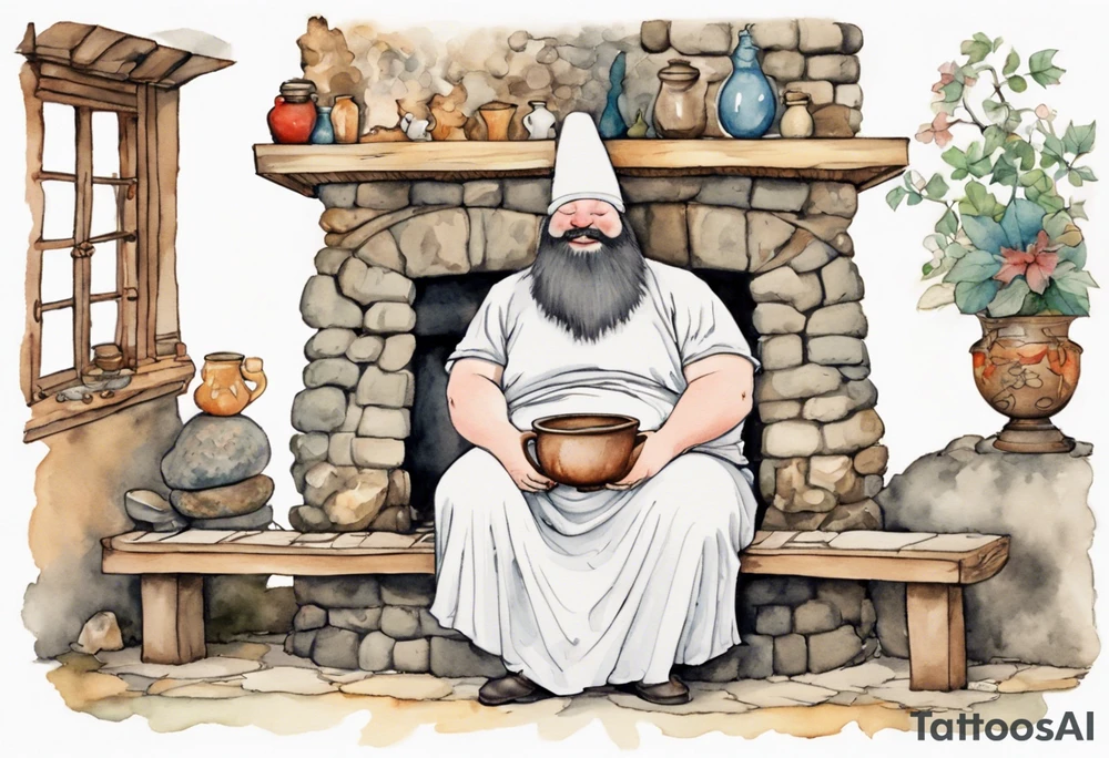 fat man with a long beard but no face wearing a mushroom hat and medieval tunic sitting on a bench by a fireplace drinking from a wood cup, laughing tattoo idea