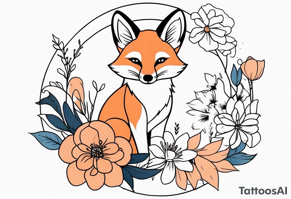feminin minimalist flowers with little fox tattoo idea