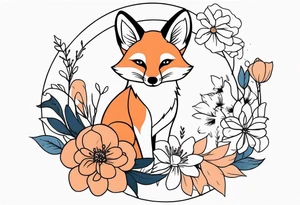 feminin minimalist flowers with little fox tattoo idea