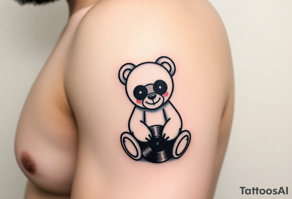 minimalist teddy bear with vinyl records as eyes smiling and sitting on a record yer tattoo idea