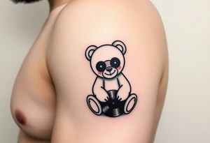 minimalist teddy bear with vinyl records as eyes smiling and sitting on a record yer tattoo idea