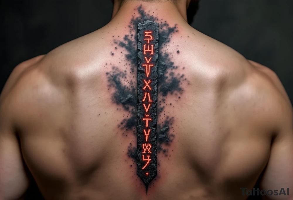 A tattoo featuring a vertical line of deep crimson Slavic runes, each carved with rough stone-like texture and glowing faintly, set against a black and smoky-gray background with subtle ash particles floating around. tattoo idea