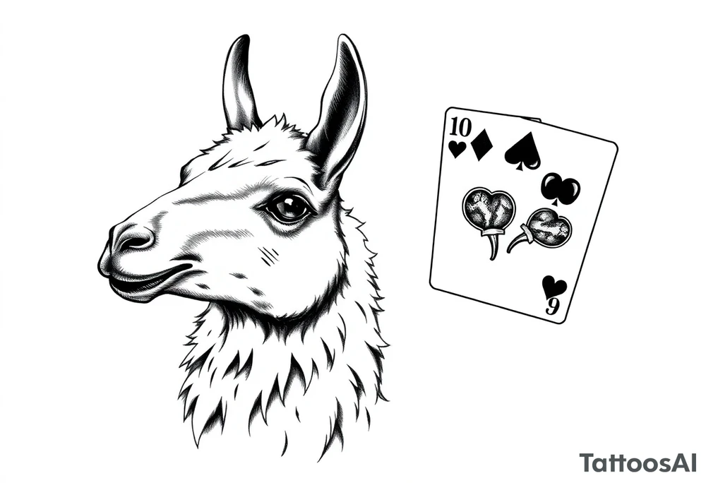 A llama with 2 of hearts and 4 of hearts playing cards tattoo idea