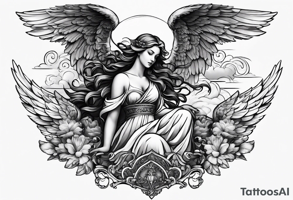 one big angel with 3 angels flying in the back with shading and clouds tattoo idea