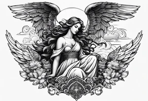 one big angel with 3 angels flying in the back with shading and clouds tattoo idea