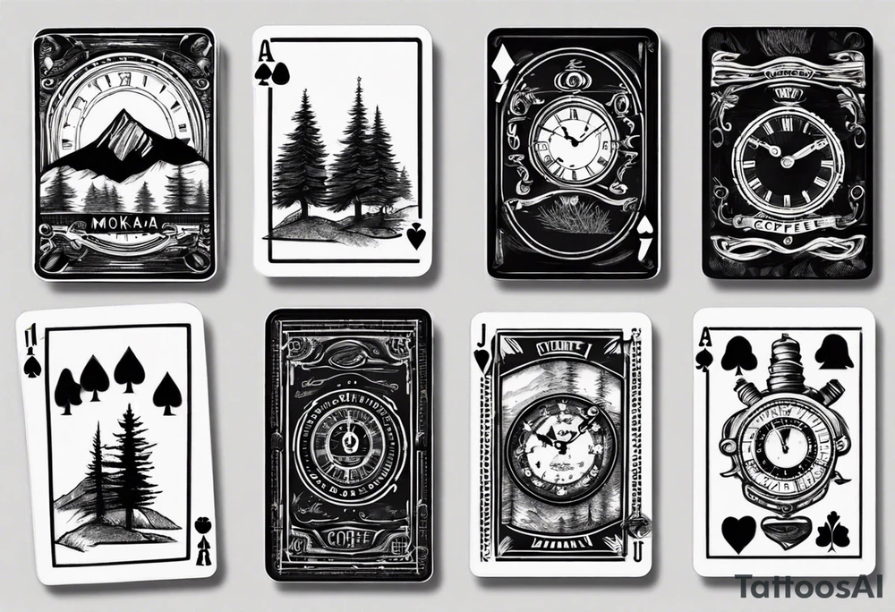 mokka coffee
Old clock at 9:44pm
a landscape Forest and mountain
Game of 4 poker cards tattoo idea