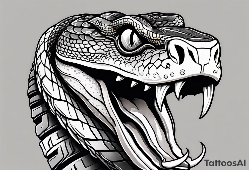 black and white drawing of a snake head with copper eyes an open mouth on a mountain bike with fat tires tattoo idea