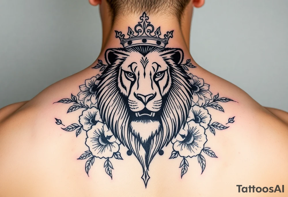 powerful majestic lion with a crown, surrounded by floral ornaments and birds tattoo idea