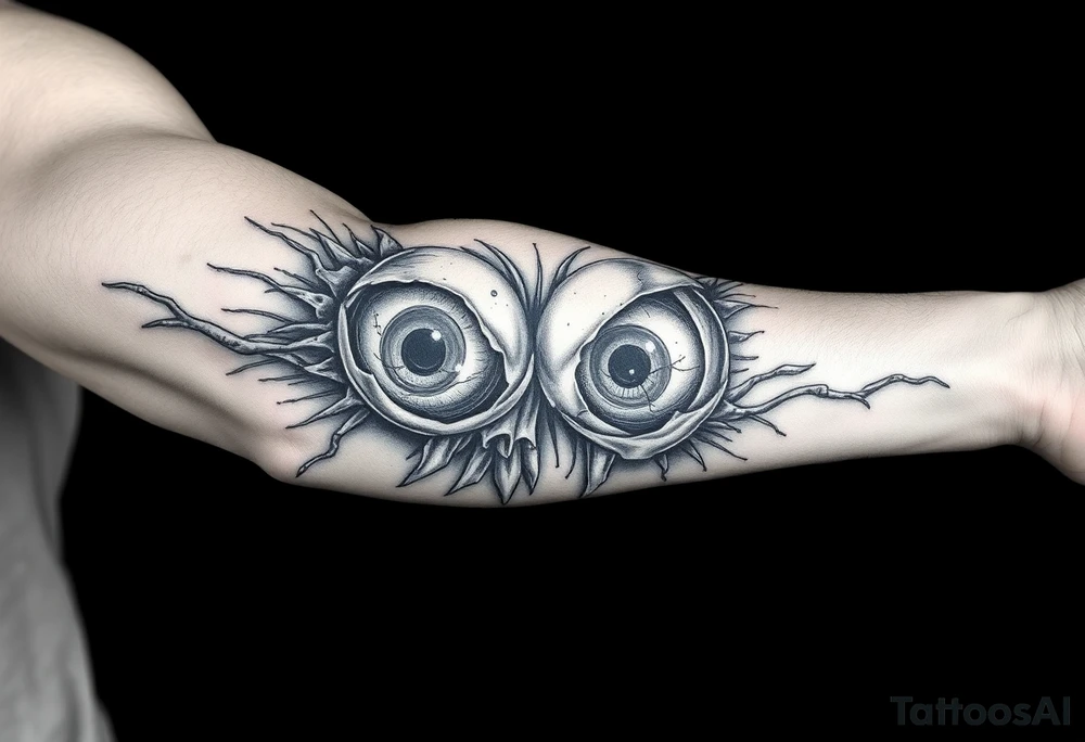 Half sleeve with eyeballs ripping out of the skin, inside of forearm is poorly stitched closed tattoo idea