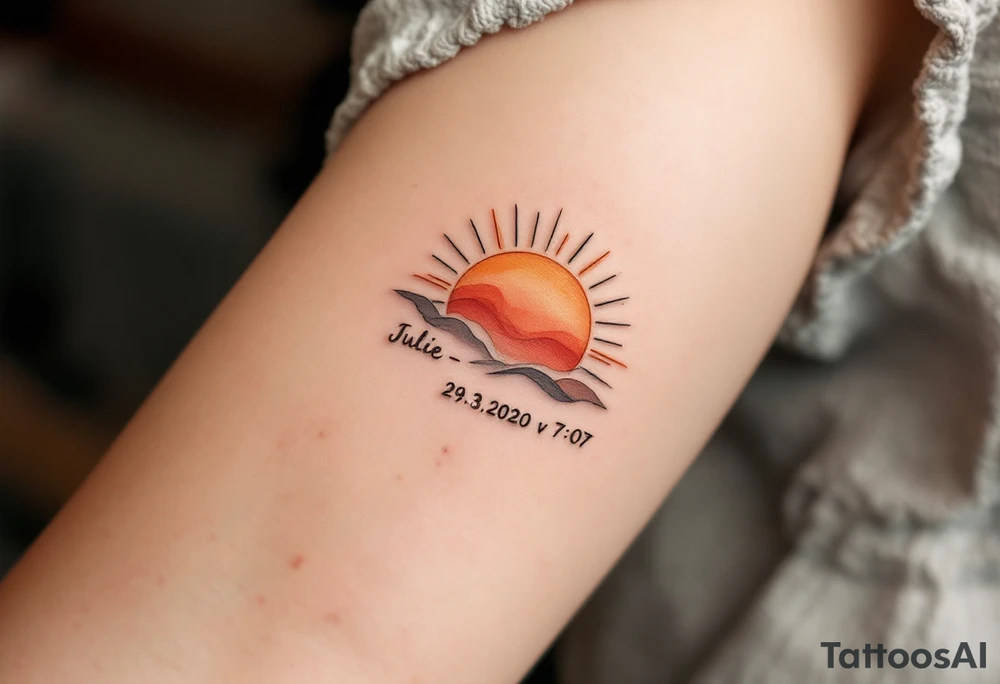 Minimalist sun rising above the name "Julie – 29.3.2020 v 7:07", done in golden ochre and terracotta tones. tattoo idea