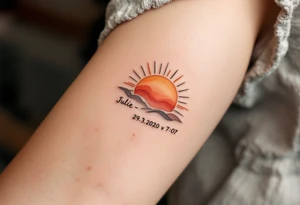 Minimalist sun rising above the name "Julie – 29.3.2020 v 7:07", done in golden ochre and terracotta tones. tattoo idea
