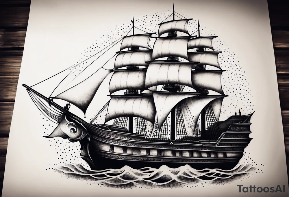 large and dark wooden ship facing left 2 dimensional tattoo idea