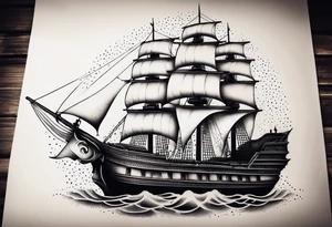 large and dark wooden ship facing left 2 dimensional tattoo idea