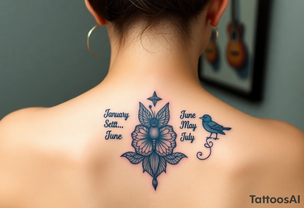 Tattoo on back that represents my family’s birthdays, January, September, June, May, July tattoo idea