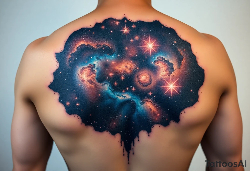 Beautiful and epic 3d milky way that appears to be what is beneath the skin. Make it drape over the shoulder and move to the middle back. use negative spaces to create stars and dust. Keep it symmetrical and focus on the beauty of space tattoo idea