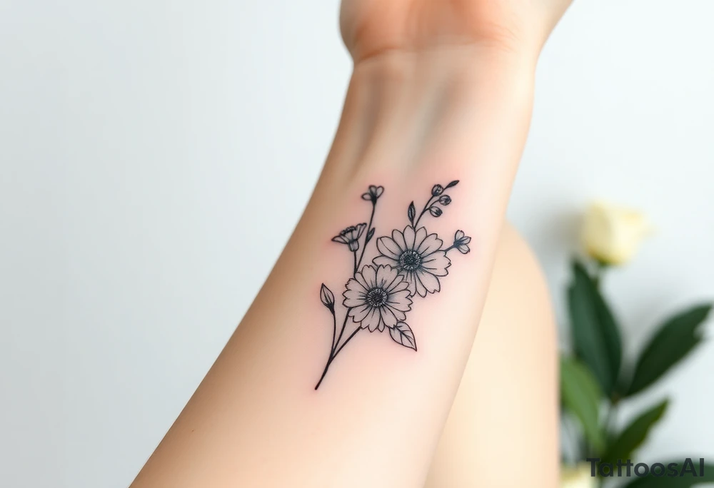 wrist tattoo with marigold, lily of the valley, and chrysanthemum tattoo idea
