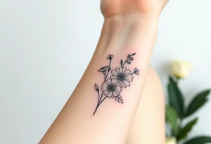 wrist tattoo with marigold, lily of the valley, and chrysanthemum tattoo idea