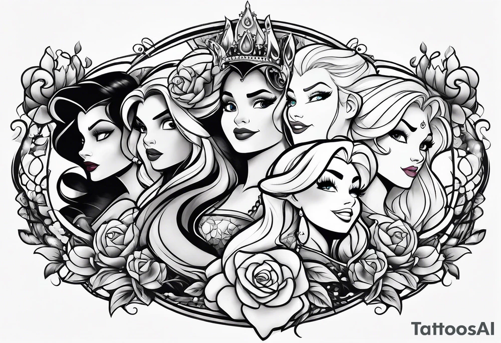 Disney princesses and Disney villains mixed together on an arm sleeve tattoo idea