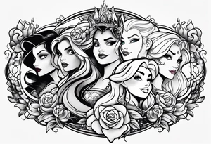 Disney princesses and Disney villains mixed together on an arm sleeve tattoo idea