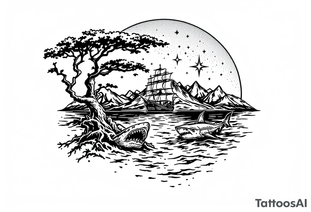 tattoo that has an acacia tree with mountains, ocean with a ship wreck with sharks and the northern star tattoo idea