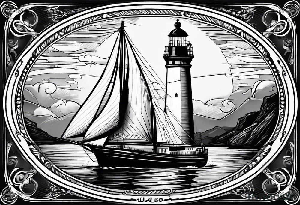 voilier vue de face. phare maritime fixé au centre du voilier et utilisé comme un mat pour les voiles. tattoo idea