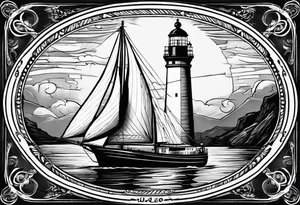 voilier vue de face. phare maritime fixé au centre du voilier et utilisé comme un mat pour les voiles. tattoo idea