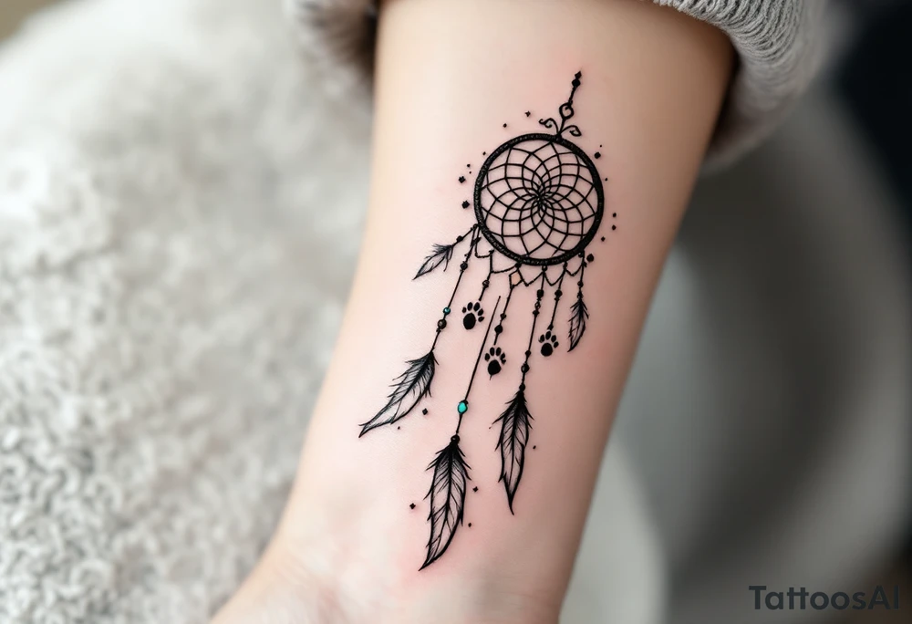 A dreamcatcher with wolf paw prints subtly incorporated into the web, representing the wolf's path and journey. The feathers dangle with small, delicate beads at the end. Black and white for the paw prints and dreamcatcher, light grey for the feathers, and accents of turquoise for the beads. tattoo idea