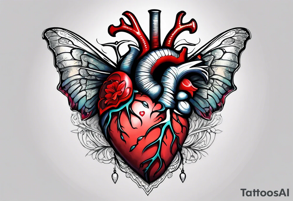 Anatomical Heart, bleeding, stitched, moth sitting on top of heart tattoo idea