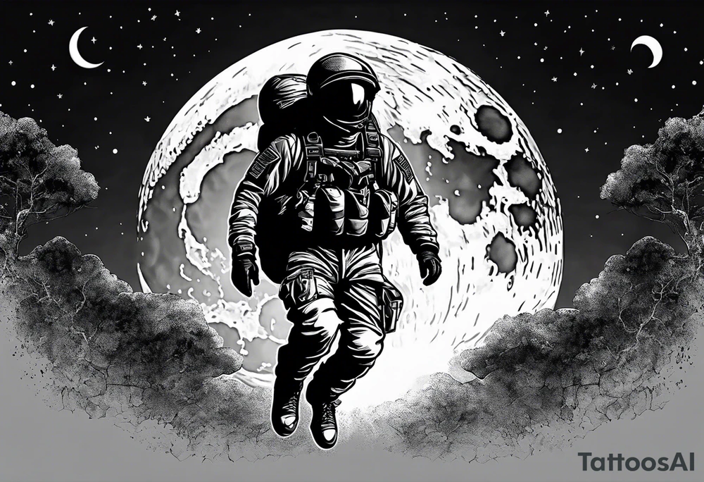 Parachutist in front of a full moon. The moon looks like a skull tattoo idea