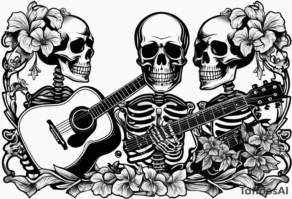 a male and a female skeleton. The male skeleton is playing the guitar. The female skeleton has a hibiscus flower. tattoo idea