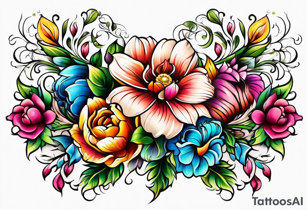 vintage colorful floral print tattoo idea