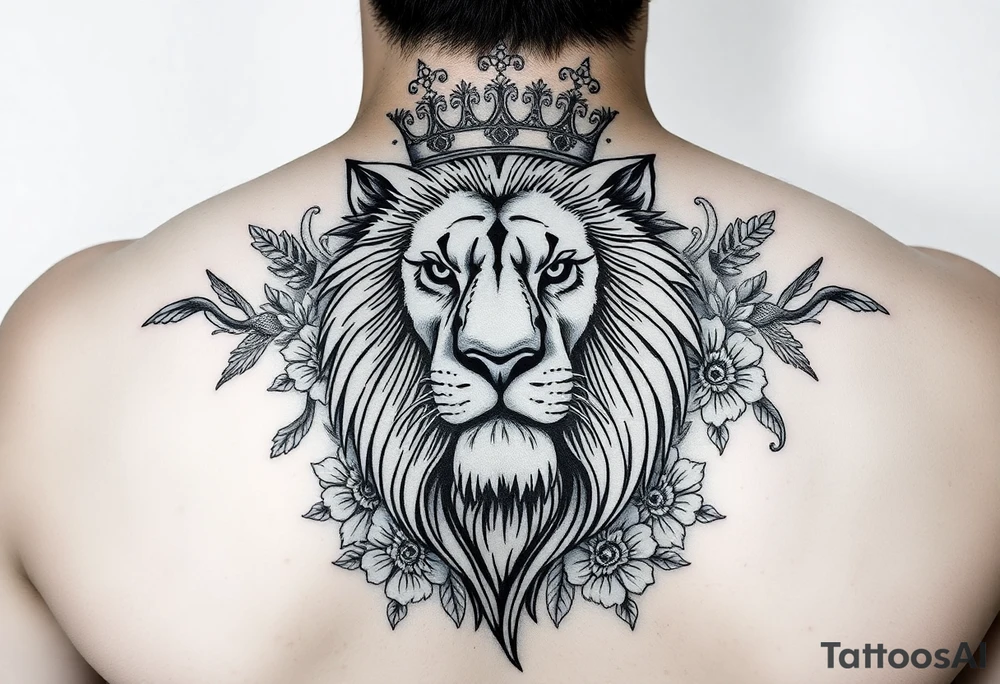powerful majestic lion with a crown, surrounded by floral ornaments and birds tattoo idea