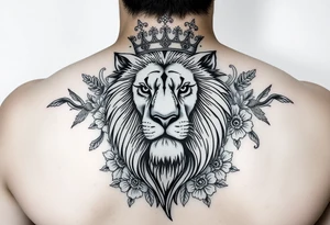 powerful majestic lion with a crown, surrounded by floral ornaments and birds tattoo idea