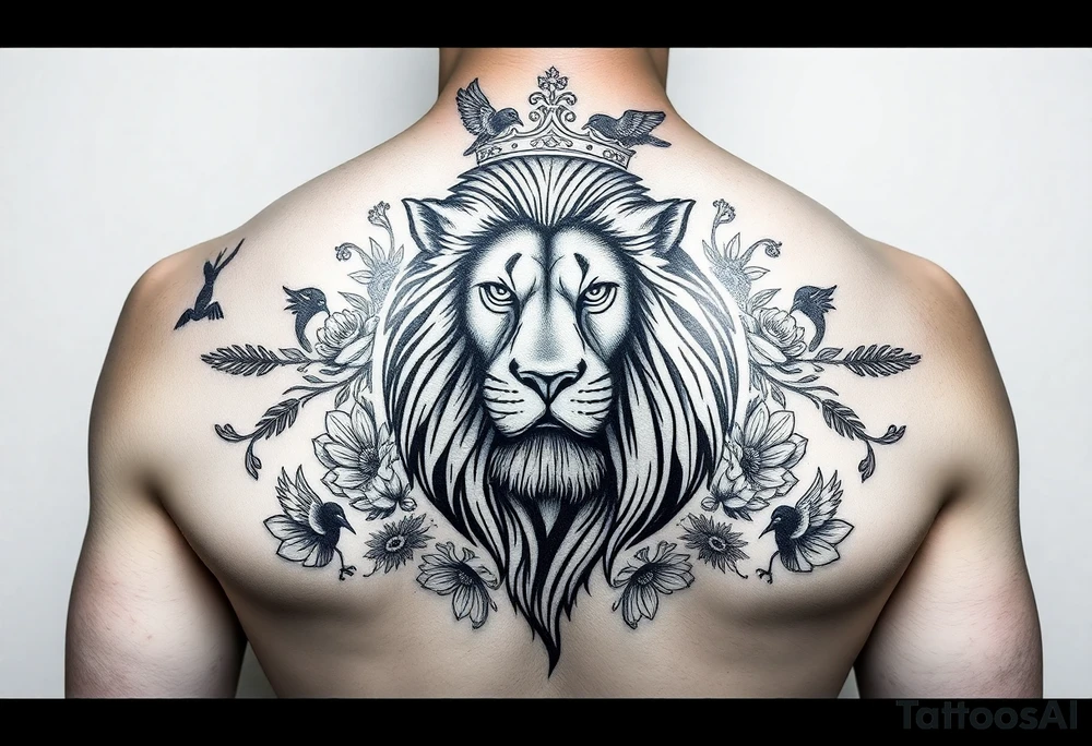 powerful majestic lion with a crown, surrounded by floral ornaments and birds on a shoulder tattoo idea