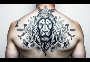 powerful majestic lion with a crown, surrounded by floral ornaments and birds on a shoulder tattoo idea
