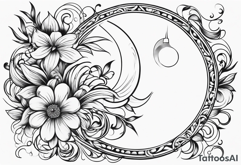vertical and tall flower vine with shapes and the moon. Minimalist design tattoo idea