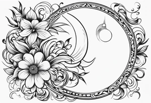 vertical and tall flower vine with shapes and the moon. Minimalist design tattoo idea