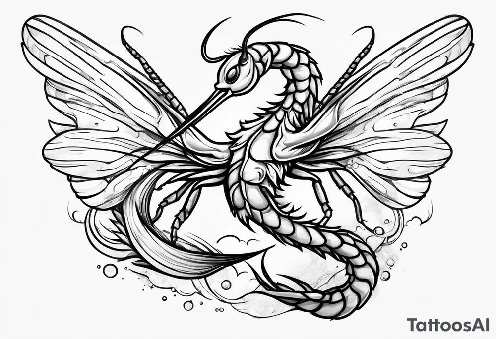 cartoon shrimp with a muscular superhero body flying through the air tattoo idea