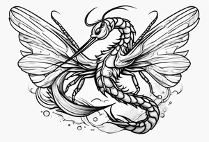 cartoon shrimp with a muscular superhero body flying through the air tattoo idea